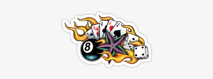 Awesome 8 Ball And Cards Dice And Flaming Nautical - 8 Ball Cards Dice Tattoo, transparent png download