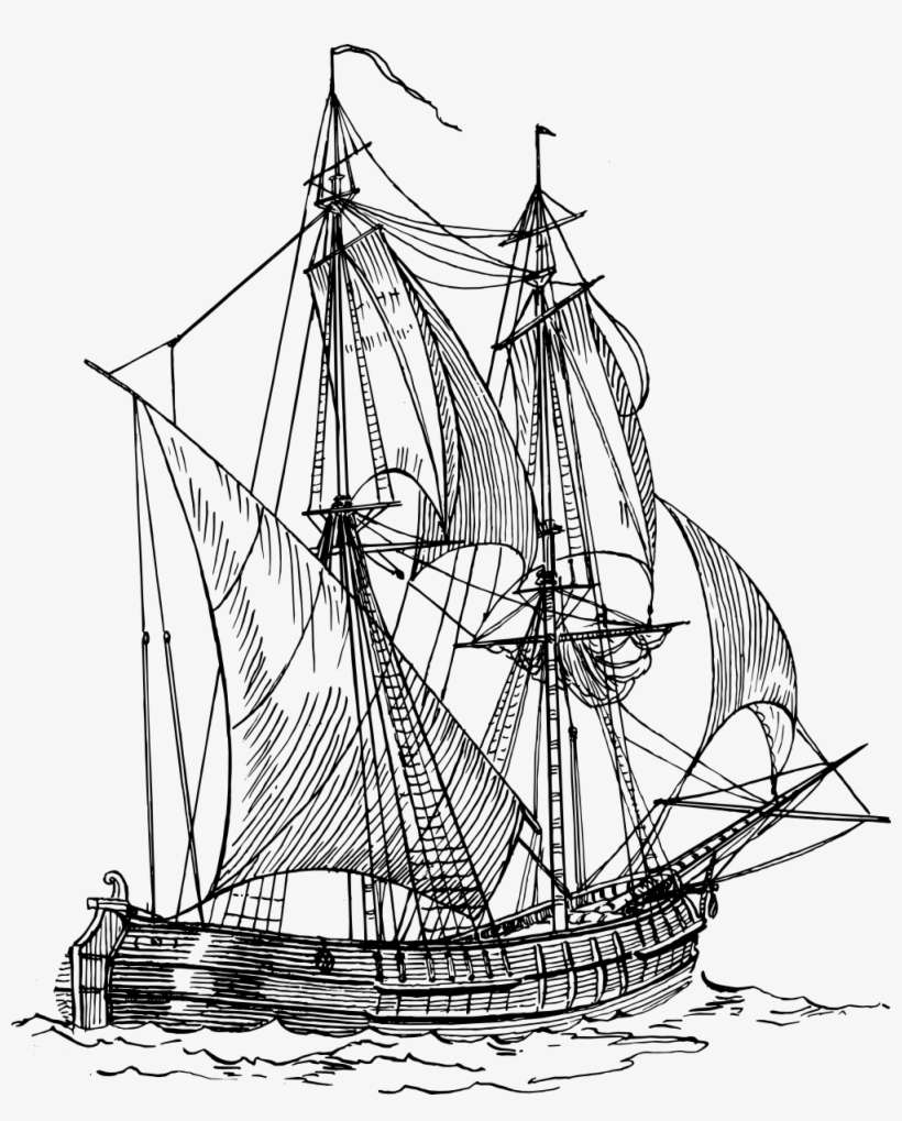 Black And White Bilander Ship - Old Boat Drawing, transparent png download