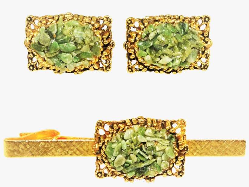Vintage Jade Chip Gold Tone Cufflinks Tie Clip Set - Earrings, transparent png download