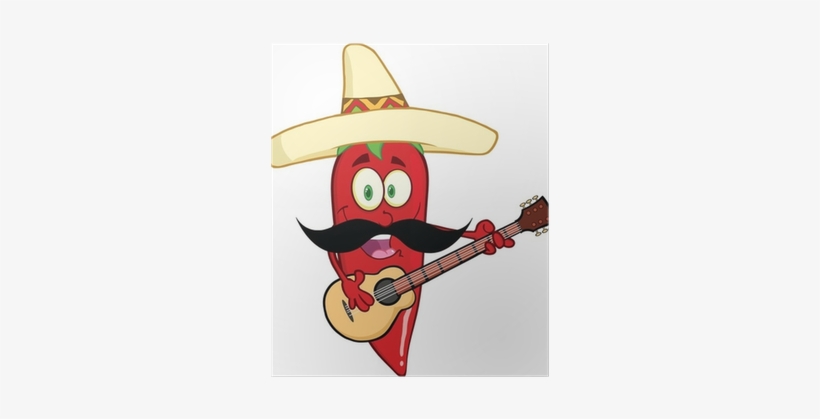 Red Chili Pepper With Mexican Hat And Mustache Playing - Chile Mexicano Animado Png, transparent png download