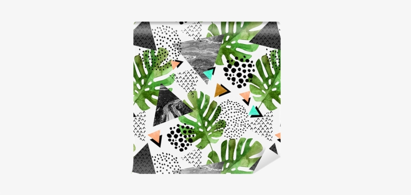 Watercolor Tropical Leaves And Textured Triangles Background - Art Print: Tanycya's Tropical Leaves, 61x46cm., transparent png download
