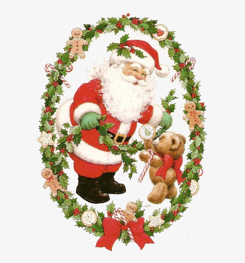Santa Standing Inside A Holly Garland With A Teddy - Sarah Kay Navidad, transparent png download