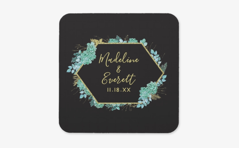 Aqua Teal Watercolor Succulents Gold Foil Frame & Black - Wedding, transparent png download