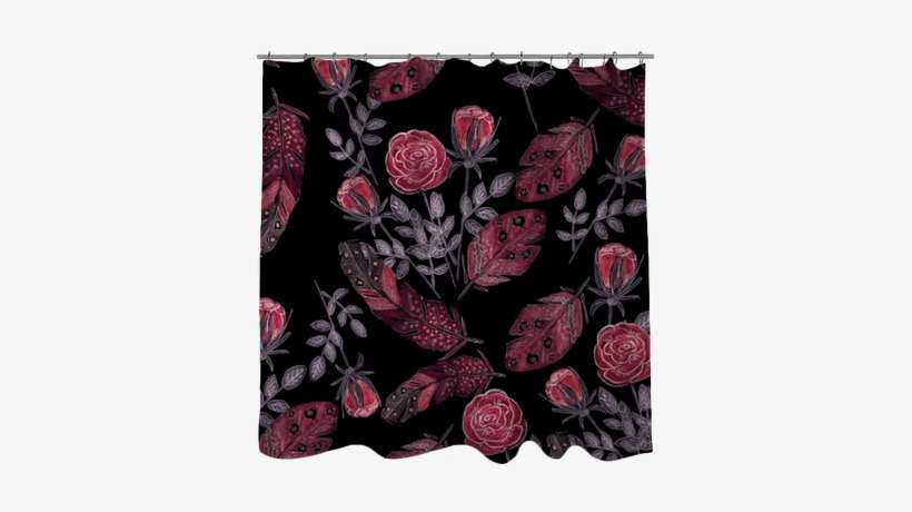 Watercolor Red Roses And Feathers On Black Shower Curtain - Red Feathers Of Birds . Backpack By Fuzzyfox85, transparent png download