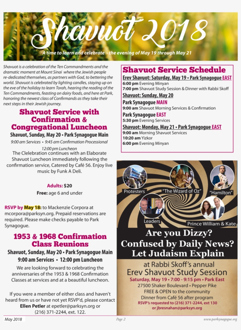 Shavuot 2018 A Time To Learn And Celebrate - Flyer, transparent png download