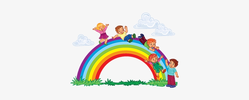 Carefree Young Children Slide Down The Rainbow, Cute, - Rainbow Sliding Illustration, transparent png download