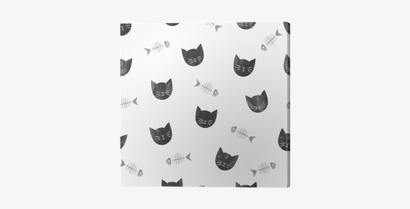 Seamless Pattern With Watercolor Black Cats And Fishbones - Cat, transparent png download