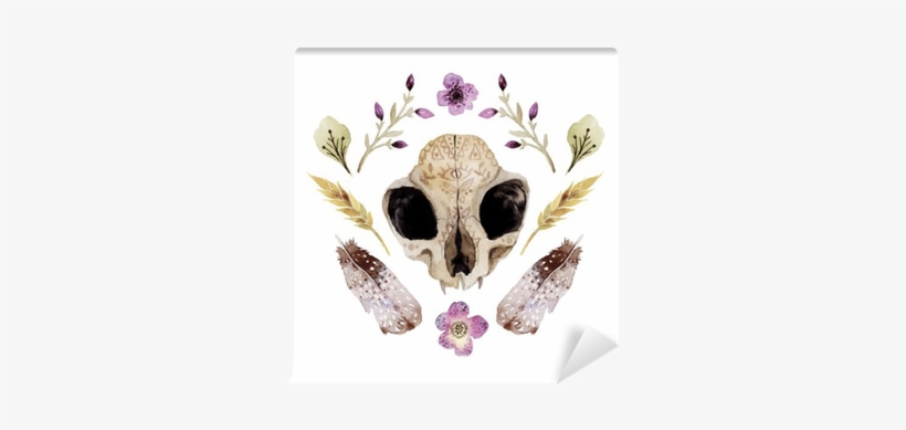 Watercolor Vector Boho Illustration With Skull Wall - Illustration, transparent png download