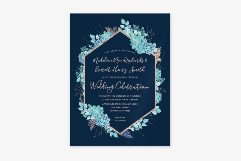 Blue & Aqua Watercolor Succulents Rose Gold Foil Frame - Wedding Invitation, transparent png download