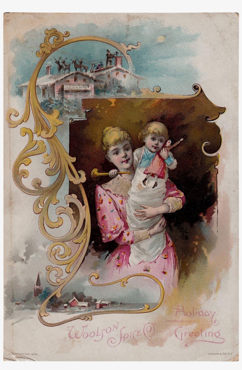 Mother, Child, Santa Claus, Lion Coffee Christmas Trade - Painting, transparent png download