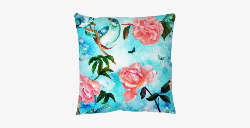 Seamless Blue Pattern With Watercolor Birds And Roses - Drawing, transparent png download