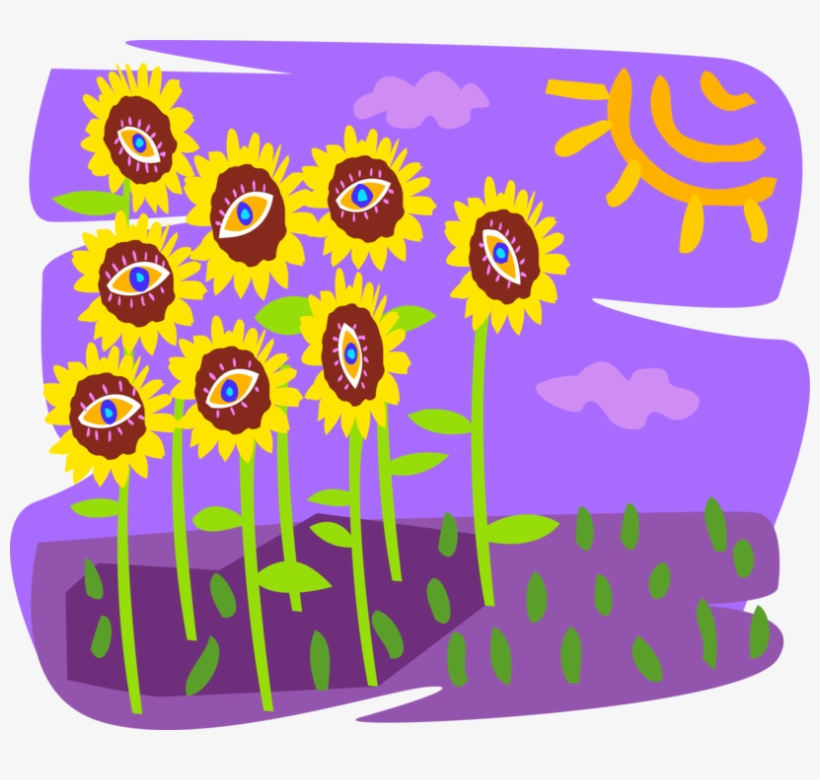 Vector Illustration Of Field Of Sunflowers With Sun - Sunflower, transparent png download