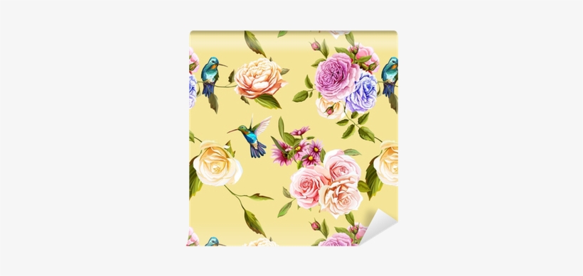 Humming Bird, Roses With Leaves On Yellow - Carta Da Parati Colibrì, transparent png download