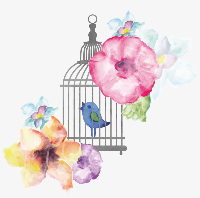 Birdcage Watercolor Painting - Flower With Bird Cage Png, transparent png download