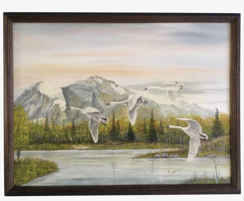E Welborn, Swans Stop Over At Rocky Mountain Lake Watercolor - Painting, transparent png download