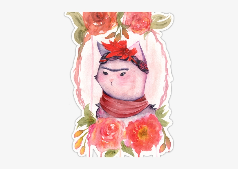 Floral Framed Kitty Kahlo Handmade Vinyl Sticker - Garden Roses, transparent png download