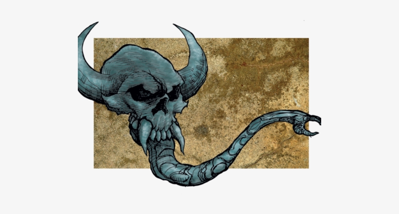 Evil Horned Skull With Fangs & Tongue - Skull, transparent png download