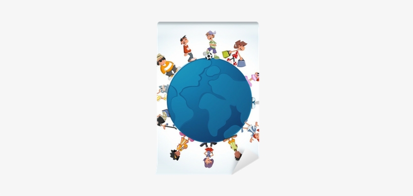 Blue Template With Teenager Cartoon Students Over Earth - Cartoon, transparent png download