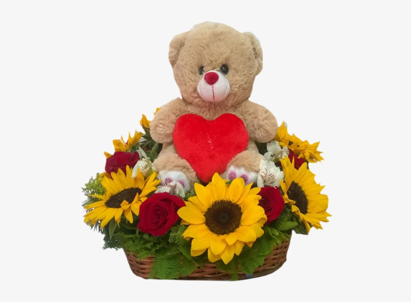 Cesta De Girasoles, Rosas Y Peluche - Peluches Con Flores Png, transparent png download