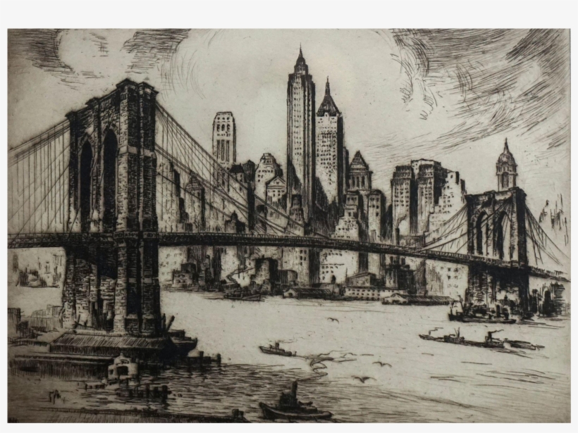 A Early 20th Century Etching Of Brooklyn Bridge - Brooklyn Bridge, transparent png download