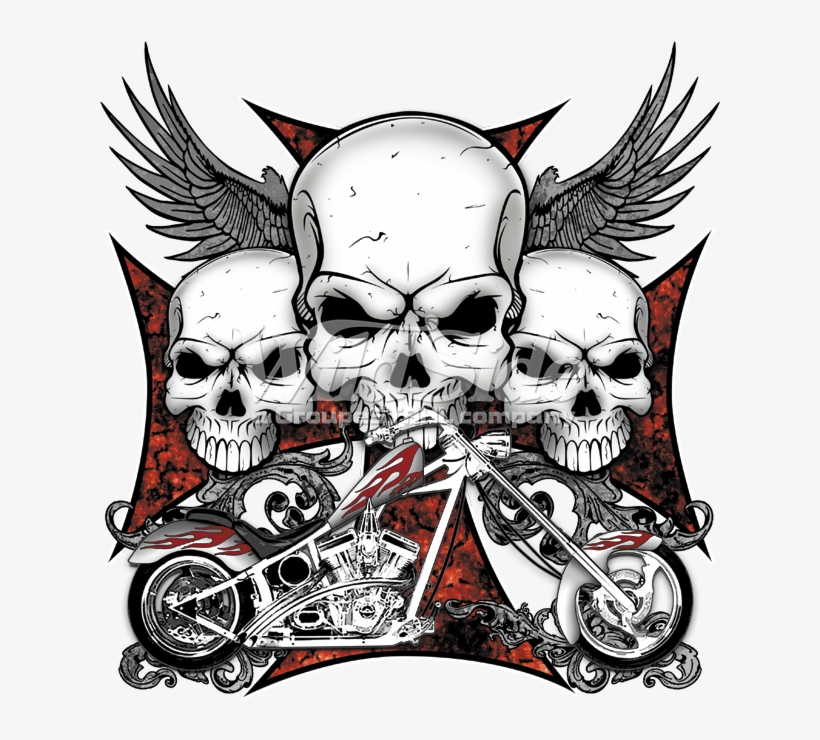 3 Skulls Iron Cross Chopper Skull With Motorcycle Unisex Crewneck Day