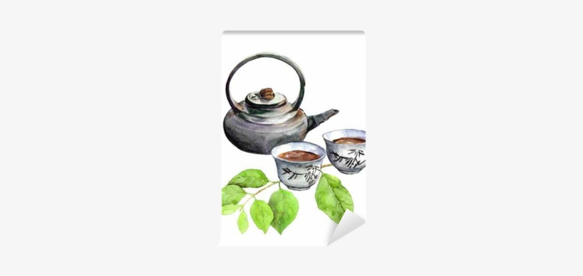 Asian Tea Pot, Teacup And Green Leaves - Chinese Teapot Watercolour Free, transparent png download