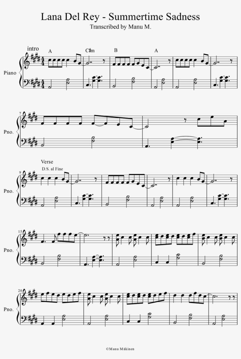 Lana Del Rey - Lana Del Rey Summertime Sadness Piano Sheet, transparent png download