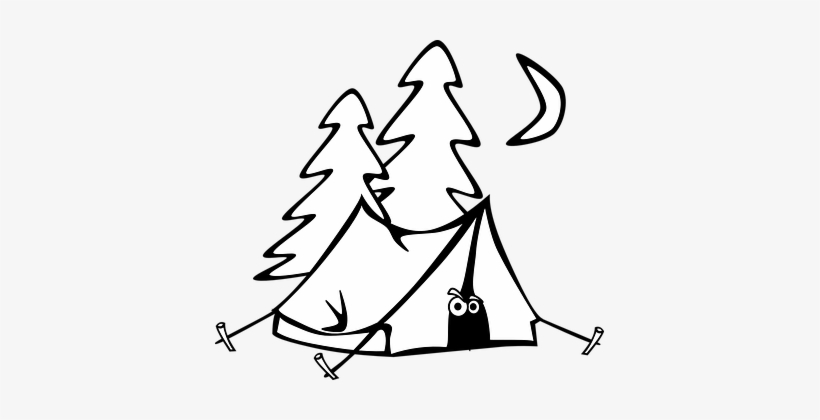 Camping Tent Eyes Trees Moon Night Cartoon - Camp Clip Art Black And White, transparent png download