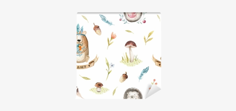 Cute Baby Hedgehog And Bear Animal Seamless Pattern - Illustration, transparent png download
