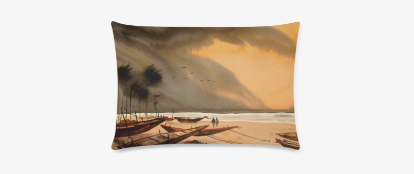 Watercolor Storm & Fishing Boats At Seashore Landscape - Cushion, transparent png download