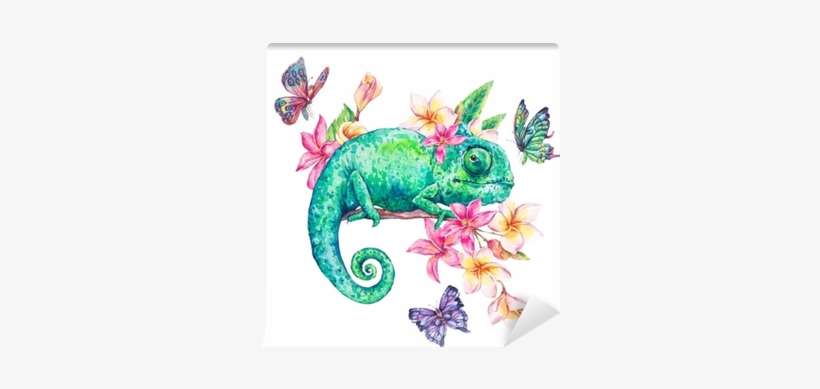 Watercolor Green Chameleon With Butterflies, Flowers - Watercolor Chameleon, transparent png download