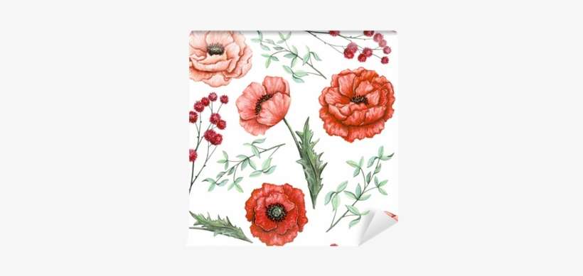Seamless Pattern Of Watercolor Poppies, Herbs And Little - Watercolor Painting, transparent png download