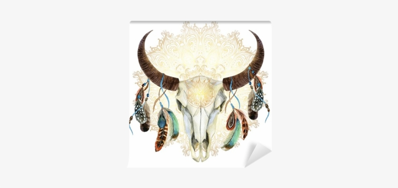 Watercolor Cow Skull With Feathers Wall Mural • Pixers® - Steer Skull With Feathers, transparent png download