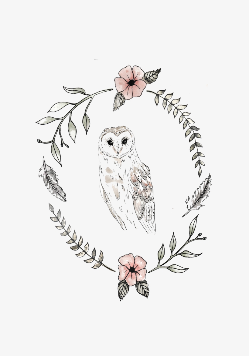 Art Print Featuring An Owl Within A Garland Hand Painted - Sketch, transparent png download
