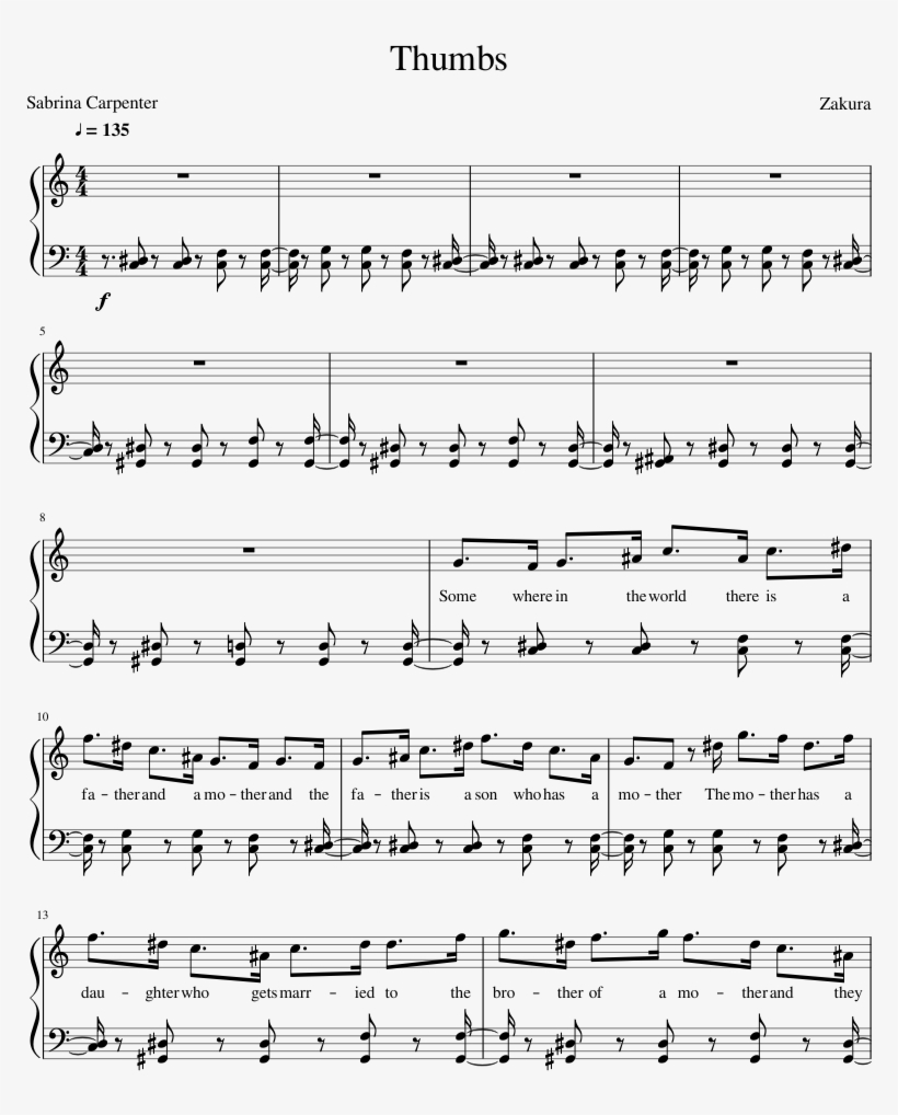 Thumbs Sheet Music Composed By Zakura 1 Of 9 Pages - Sabrina Carpenter Piano Notes, transparent png download