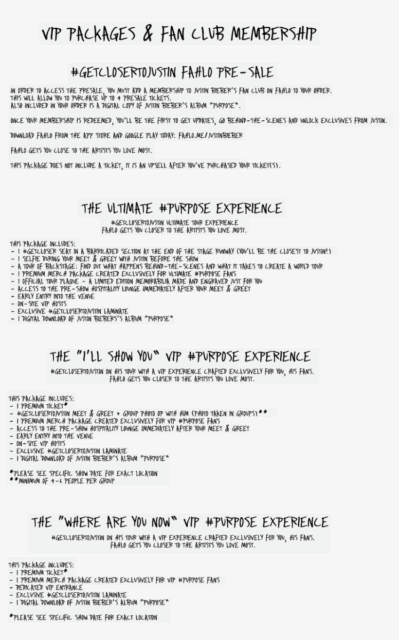 Justin Bieber Wants $2,000 For You To Meet Him - Purpose Tour Vip Package Prices, transparent png download