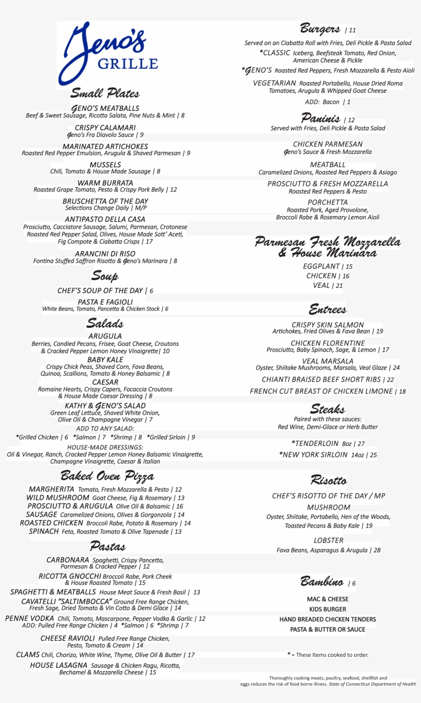 Geno's Grille Menu - Geno's Grille - Southington, transparent png download