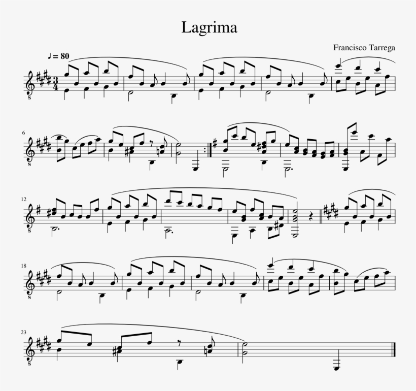 Lagrima Sheet Music Composed By Francisco Tarrega 1 - Music, transparent png download