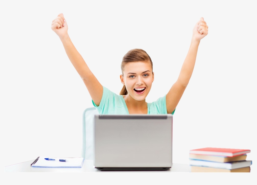Beautiful Happy Business Woman With Laptop Raised Hands - Business Woman Happy Png, transparent png download