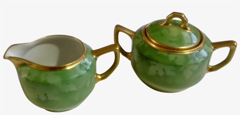 Pickard Cream And Covered Sugar Bowl Green Leaf With - Bowl, transparent png download
