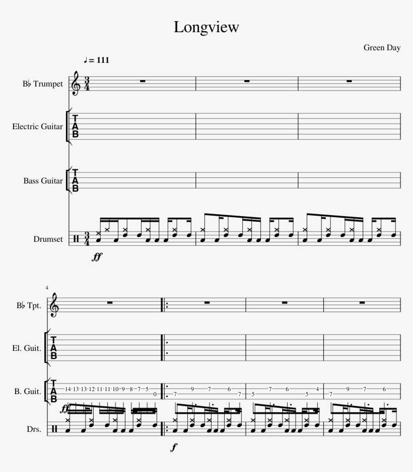 Longview Sheet Music Composed By Green Day 1 Of 6 Pages - Green Day Longview Drumming Sheet, transparent png download