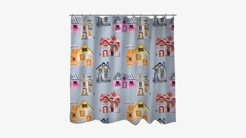 Seamless Pattern With Watercolor Cartoon Private Houses, - Curtain, transparent png download