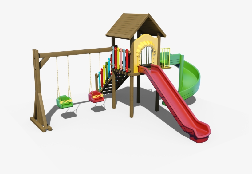 Wooden Outdoor Playground With 2 Slides And 2 Swings - Playground, transparent png download