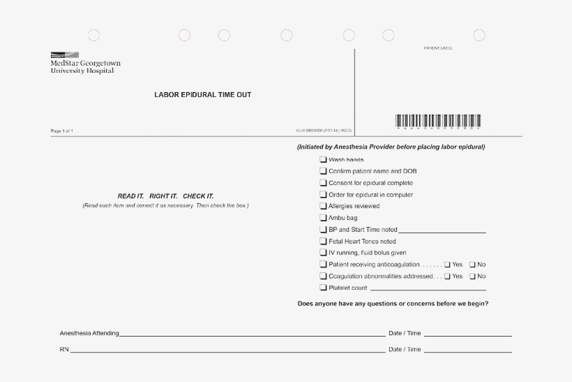 Example Of The Labor Epidural Time Out Checklist - Epidural Anesthesia Checklist, transparent png download