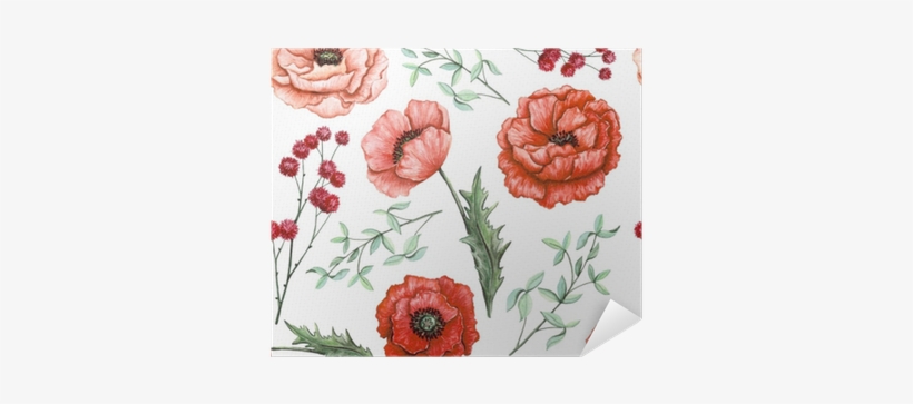 Seamless Pattern Of Watercolor Poppies, Herbs And Little - Watercolor Painting, transparent png download
