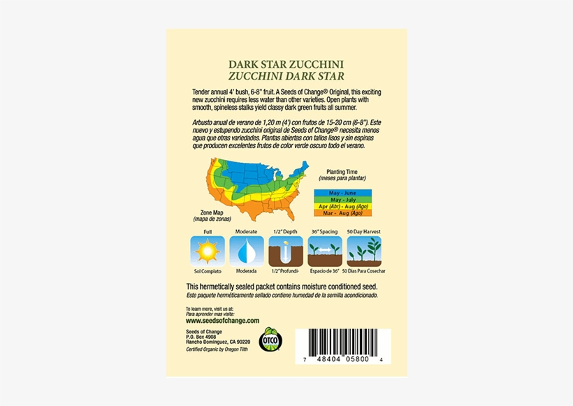 Organic Dark Star Zucchini Squash Seeds - Green Bean Seed Packet Back, transparent png download