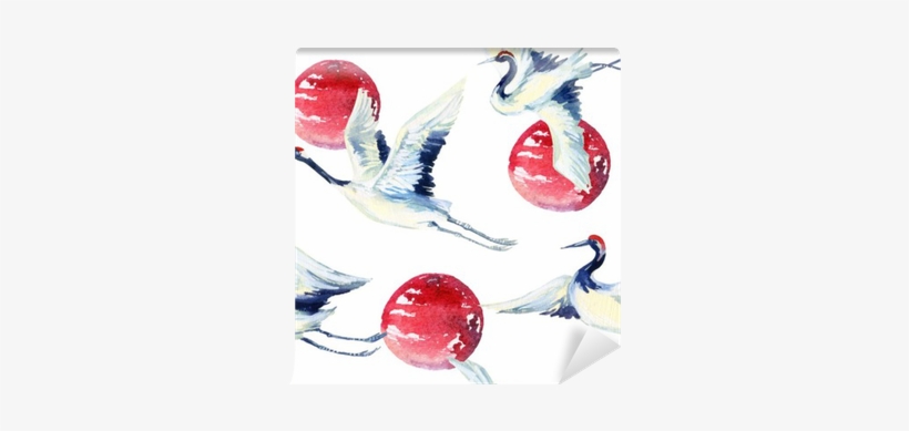 Watercolor Asian Crane Bird Seamless Pattern Wall Mural - Grue Asiatique, transparent png download