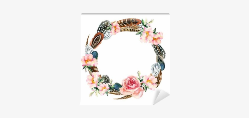 Watercolor Wreath With Bird Feathers And Flowers Wall - Couronne De Fleur Et Plumes, transparent png download