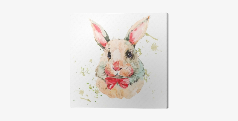 Cute Watercolor White Rabbit With Red Bow Canvas Print - Watercolor Painting, transparent png download