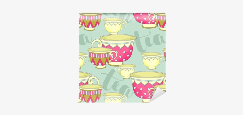 Seamless Pattern With Cups Of Tea And Autumn Leaves - Cartoon, transparent png download